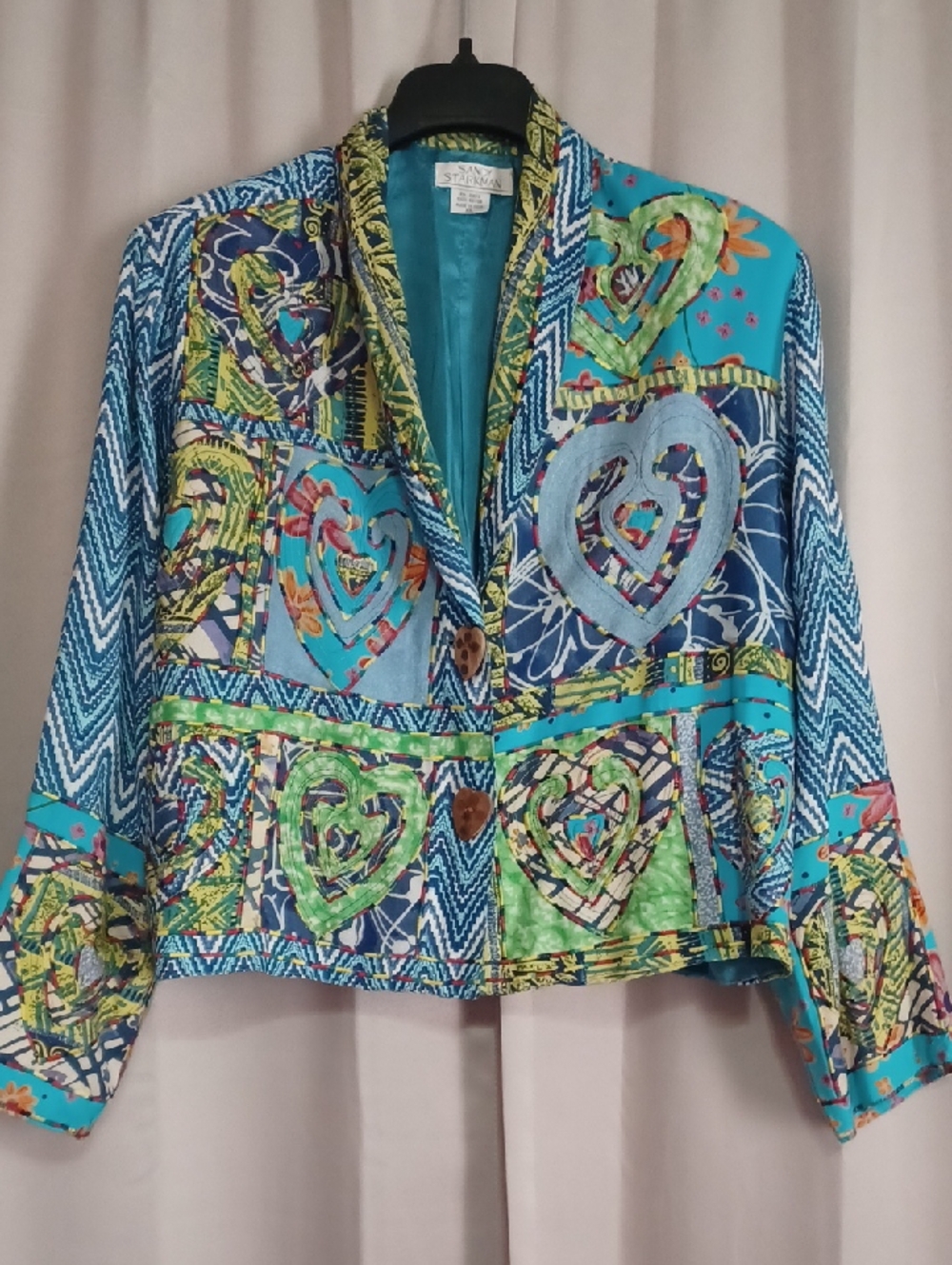 Sandy Starkman Vintage Patchwork Heart Jacket 90s Art To Wear Cropped Boho XL